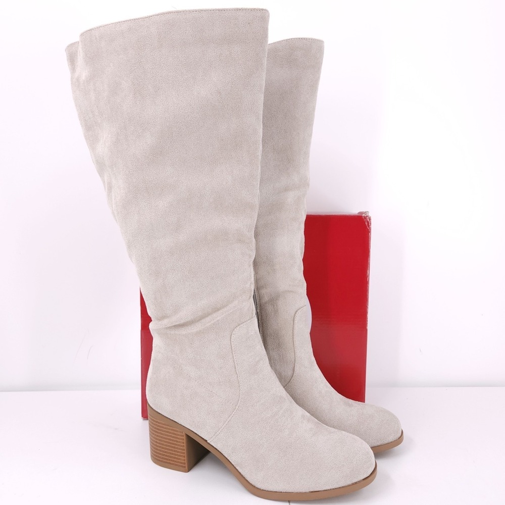 Journee Collection Romilly Stone Suede Tall Knee High Block Boots Womens 7.5 M